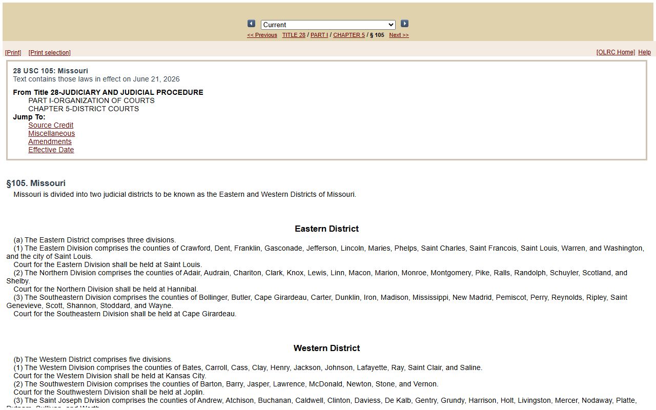 Moniteau County clerk records 28 U.S.C. 105 Missouri federal districts