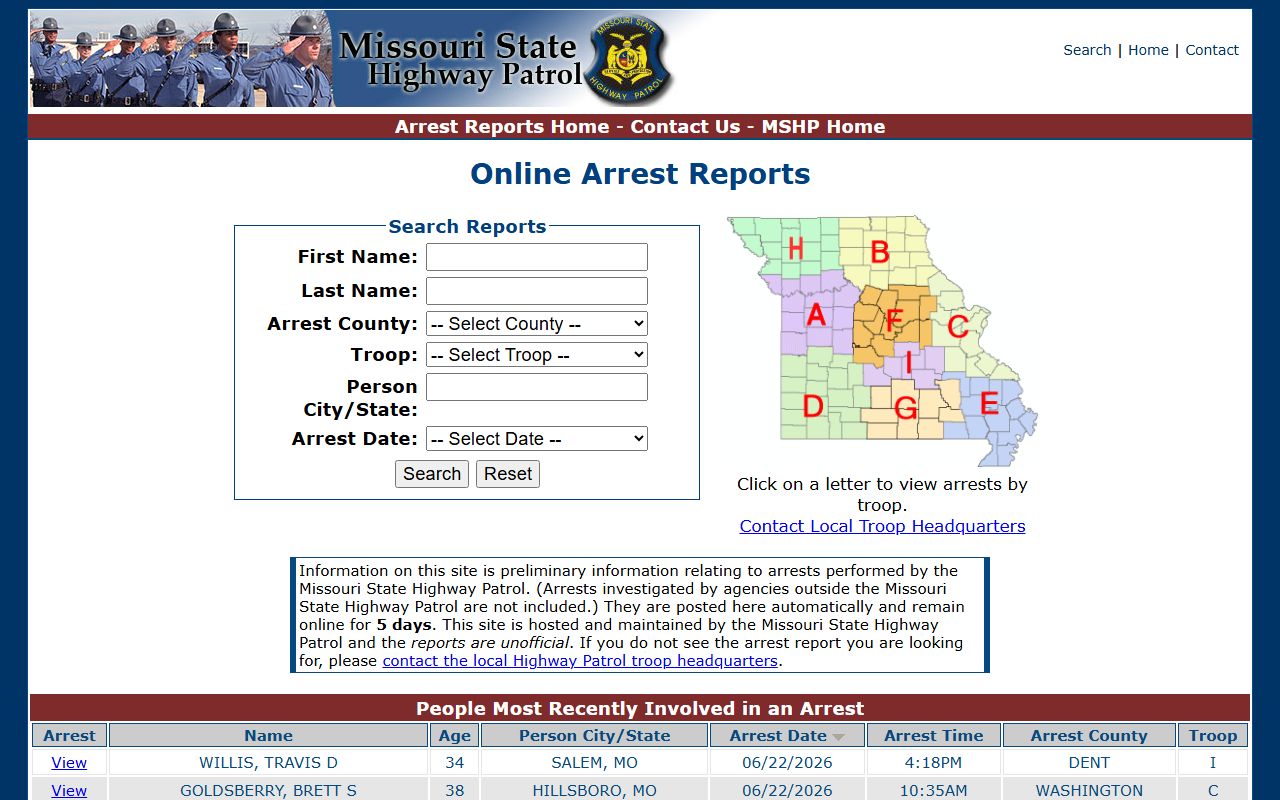 Moniteau County criminal court records MSHP arrest reports search