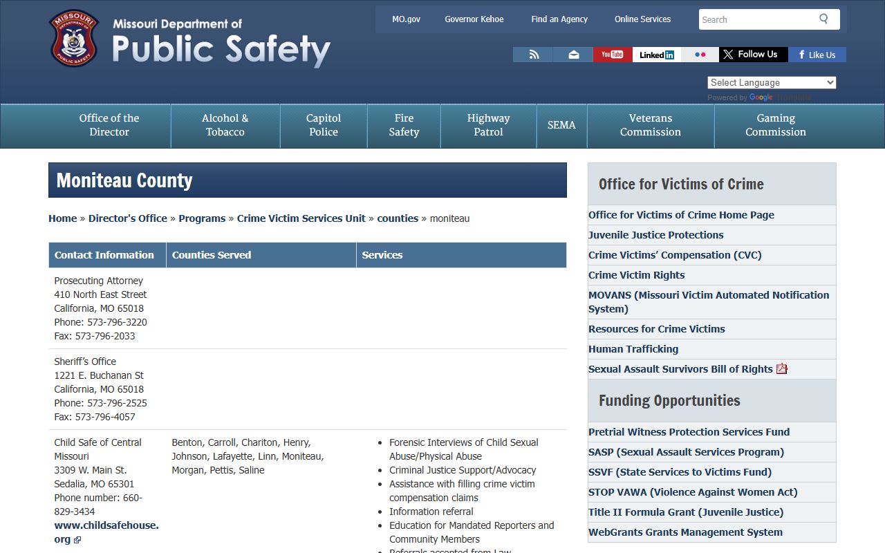 Moniteau County criminal court records victim services prosecutor contact