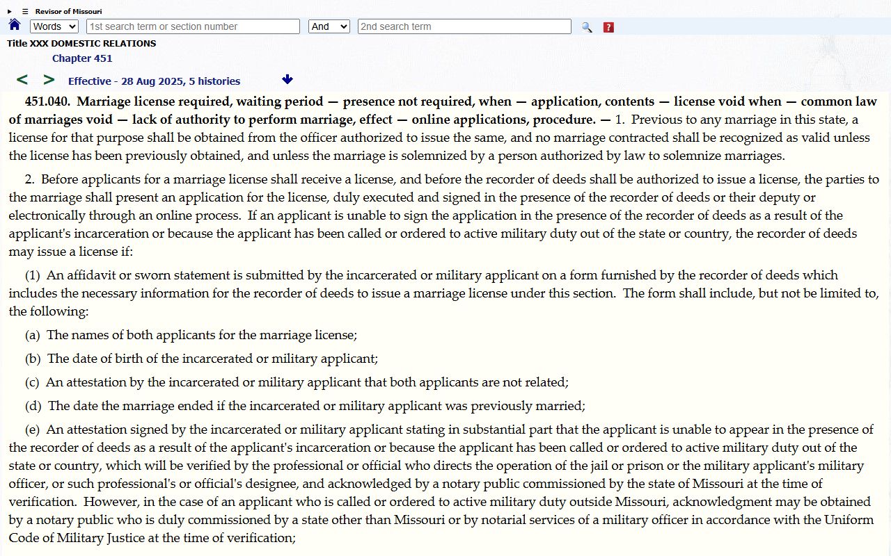Moniteau County marriage records and Missouri marriage license statute