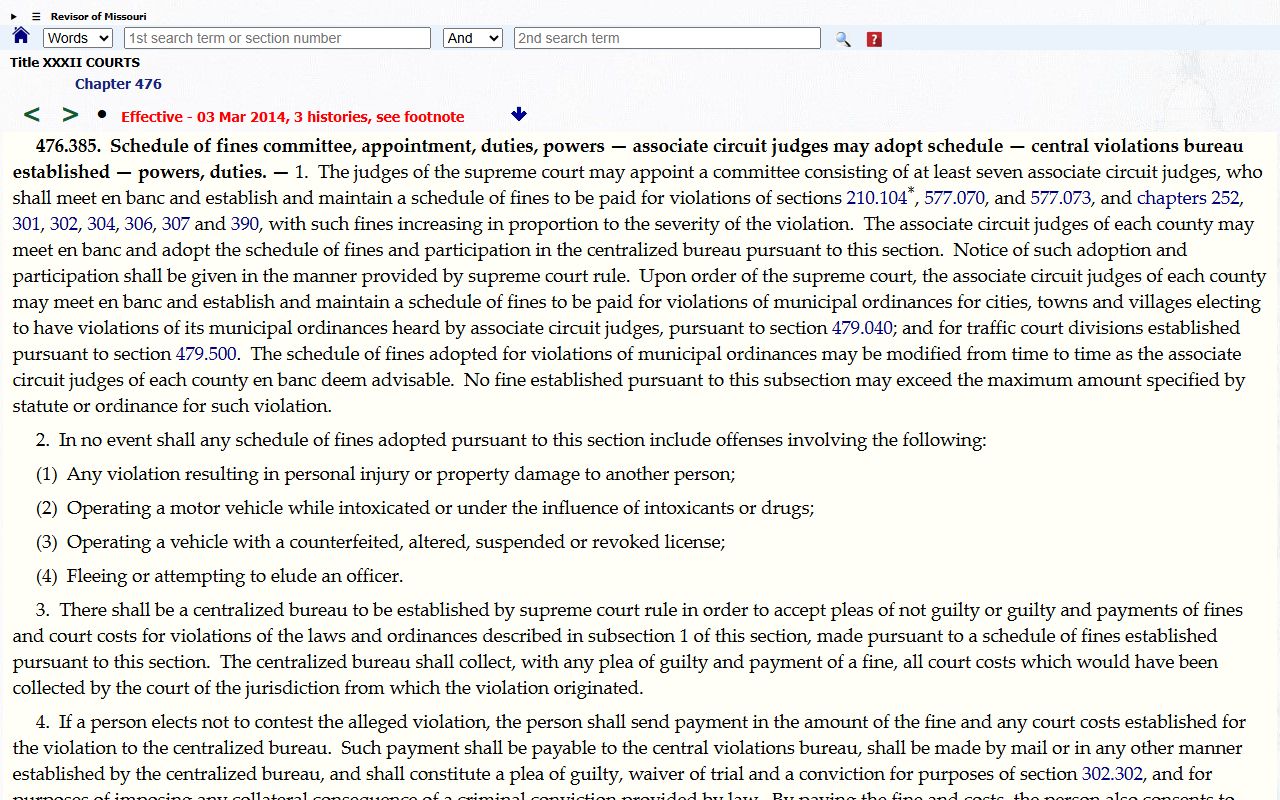 Moniteau County traffic court records and Missouri centralized violations bureau statute